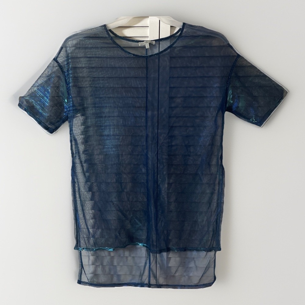 Charlotte Russe Teal Metallic Sheer Short Sleeve Shirt Women's Size Medium